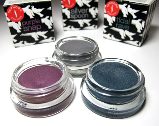 benefit creaseless cream shadow swatches review purple snap tidal wave silver spoon