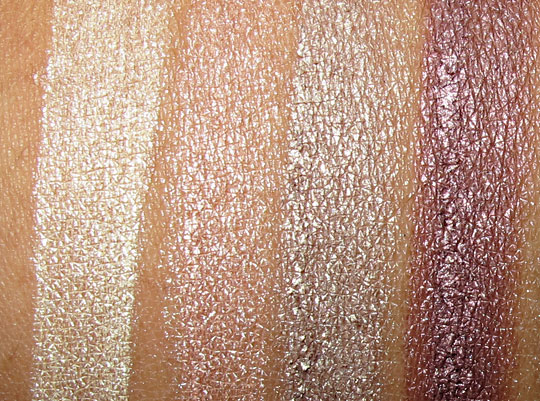 benefit creaseless cream shadow swatches in tattle tale, rsvp, birthday suit and get figgy