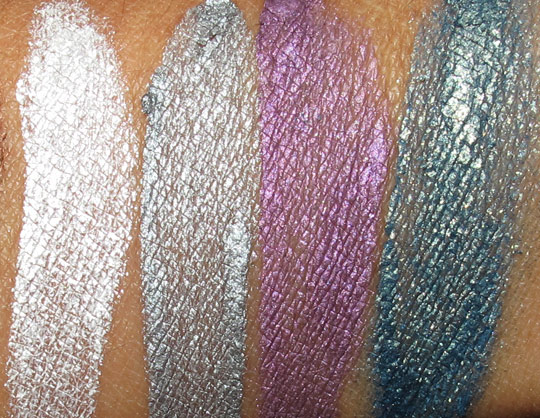 benefit creaseless cream shadow swatches in ice shot, silver spoon purple snap and tidal rave