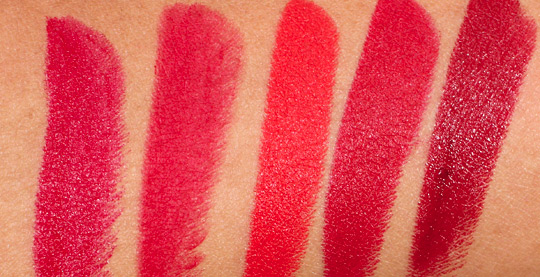 mac red lipstick swatches with ruby woo, lady danger, russian red and dubonnet