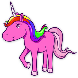 A pink unicorn with a rainbow mane