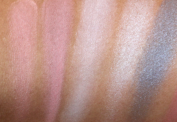 MAC Marilyn Monroe Swatches from the left: Blush in Legendary, Blush in The Perfect Cheek, Beauty Powder in Forever Marilyn, Eyeshadow in How to Marry and Eyeshadow in Showgirl