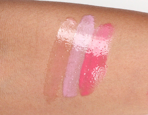 MAC Archie's Girls Betty Lipglass Swatches Kiss & Don't Tell, Stay Sweet and Summer Sweetheart
