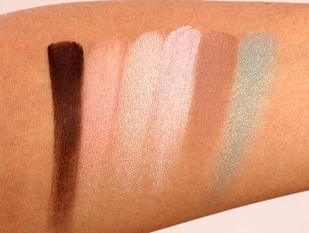 Eye Shadow swatches from the Aqualillies for Tarte palette from the left: Hammock, Bikini, Barefoot, Parasol, Sundeck and Poolside
