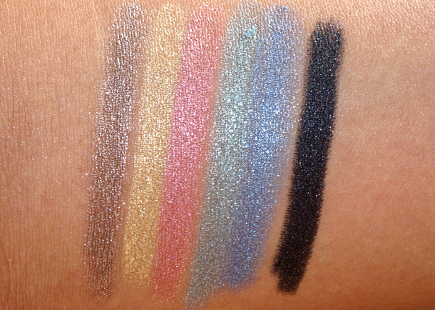 Chanel Stylo Eyeshadow Swatches in Moon River, Cool Gold, Pink Lagoon, Jade Shore, Blue Bay and Black Stream