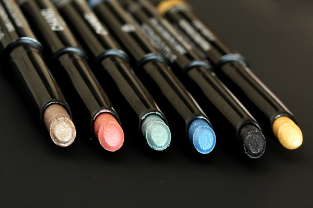 Chanel Stylo Eyeshadows from the left: Moon River, Pink Lagoon, Jade Shore, Blue Bay, Black Stream, Cool Gold