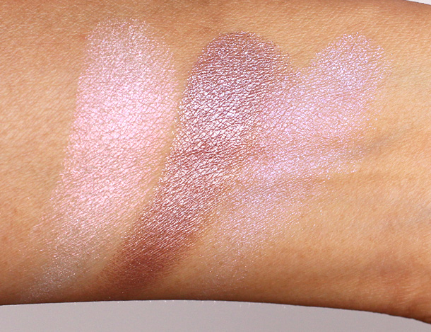MAC Extra Dimension Eye Shadows swatches from the left: Opalesse, Smoky Mauve and Triple Impact