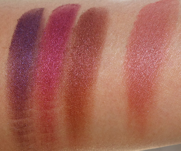 MAC Metallics Eye Shadow From the Left: Brazenly, Crimson Tryst and Deep Fixation; Powder Blush in Stylish Me on the right