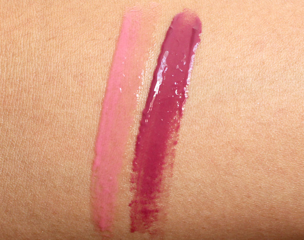 Sonia Kashuk Ultra Luxe Lip Gloss Swatches in Prettiest Pink on the left and Polished Plum on the right