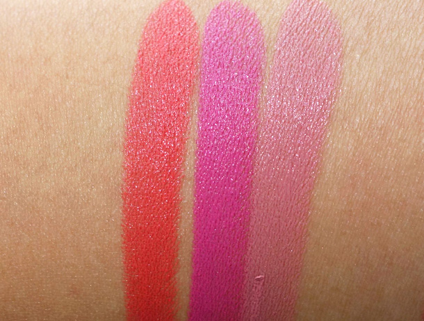 bareMinerals Marvelous Moxie lipstick swatches from Light It Up, Never Say Never and Speak Your Mind