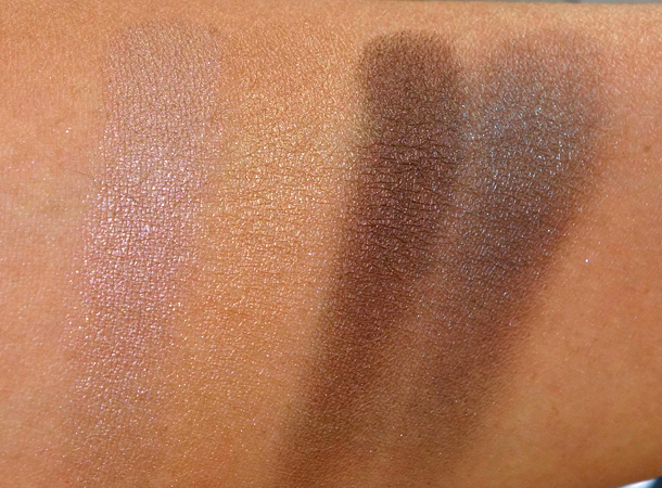 MAC Bare My Soul swatches from the left: Romantico (a light taupe bronze with a Veluxe Pearl finish), Bare My Soul (a frosted gold with a Lustre finish), Friendly (a deep bronzy chocolate with a Veluxe Pearl finish) and When in Rio (a deep green with a copper pearl and a Frost finish)
