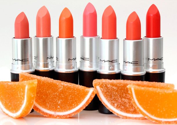 MAC All About Orange Lipsticks from the left: Razzledazzler, Sweet & Sour, Tangerine Dream, Flamingo, Sushi Kiss, Tart & Trendy, Neon Orange