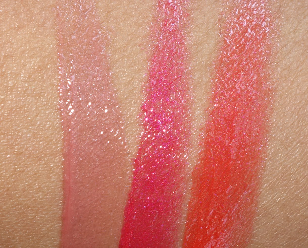 Too Faced Sun Shines Lip Gloss Swatches from the left: Mocha Freeze, Watermelon Ice and Papaya Slushie
