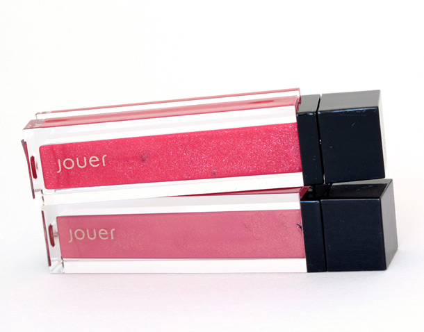 Jouer Lip Glosses in Hibiscus (a sheer, shimmery strawberry) on the top and Sorbet (a sheer, shimmery soft pink) on the bottom, $20 each