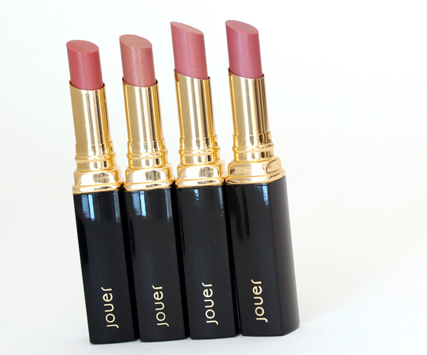 Jouer SPF 15 Lip Sheers in Antiqua (a sheer honey peach), Ibiza (a sheer, shimmering apricot), Maui (a sheer, nude pink) and Santorini (a sheer, rosy pink), $22 each