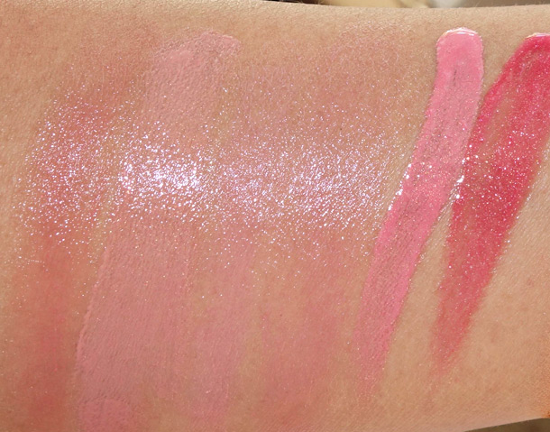 Jouer summer 2013 swatches from the left: SPF 15 Lip Sheers in Antigua, Ibiza, Maui and Santorini; Lip Glosses in Sorbet and Hibiscus