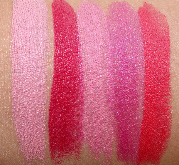 MAC By Request Spring 2014 Lipstick swatches from the left: Flavour, Glam, Hoop, Pink Poodle and Rozz