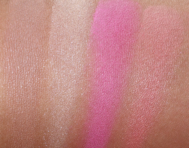 NARS Adult Content Swatches from the left: Zen (a natural beige), Miss Liberty (a soft, shimmering peach), Desire (a cotton candy pink) and Deep Throat (a flirty, sheer peach)