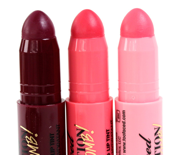 Too Faced Lip Injection Color Bombs from the left: Bigger Berry, Coral Pop and Candy Burst
