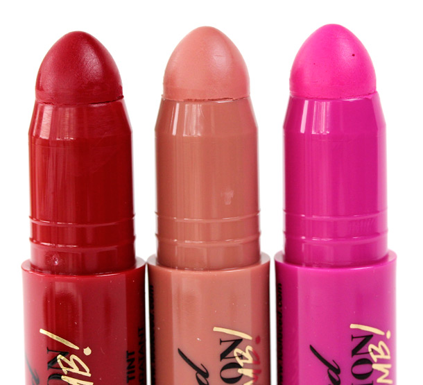 Too Faced Lip Injection Color Bombs from the left: Eastwood Red, Not Enough Nude and Plump It Up Pink