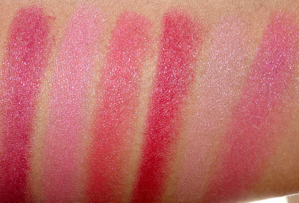 Too Faced Lip Injection Color Bomb swatches from the left: Bigger Berry, Candy Burst, Coral Pop, Eastwood Red, Never Enough Nude and Plump It Up Pink