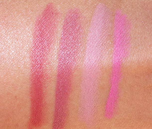 Urban Decay 24/7 Glide On Lip Pencil Swatches from the left: Manic, Rush, Native and Obsessed