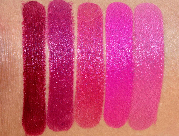 Urban Decay Revolution Lipstick Swatches from the left: Shame, Venom, Jilted, Anarchy and Turn On