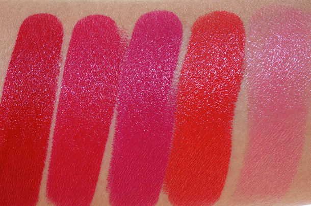 Urban Decay Revolution Lipstick Swatches from the left: F-Bomb, 69, Catfight, Bang and Streak