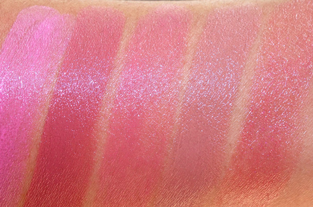 Urban Decay Revolution Lipstick Swatches from the left: Obsessed, Liar, Naked, Naked2 and Lovelight