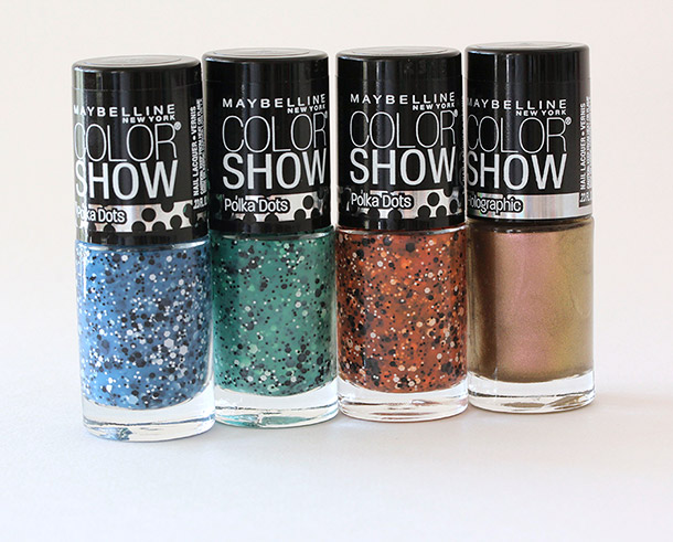 From the left: Maybelline Color Show Polka Dots Nail Polishes in Blue Marks the Spot, Drops of Jade and Dotty; on the far right, Maybelline Color Show Holographics Nail Polish in Alluring Rose