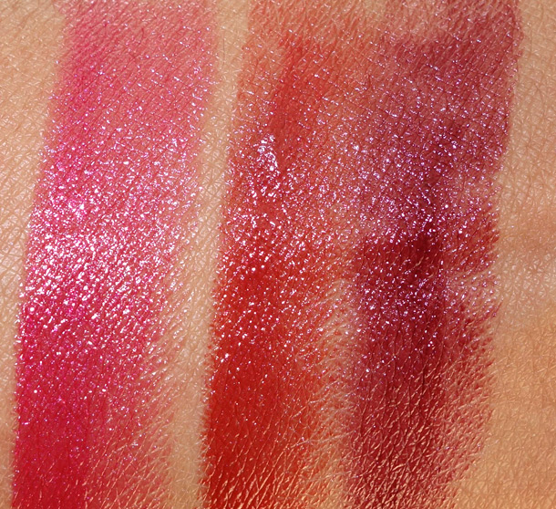 Clarins Joli Rouge Fall 2013 swatches from the left Pink Camellia, Spicy Cinnamon and Royal Plum