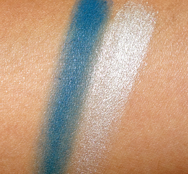Guerlain Two Stylish Swatches: Matte blue on the left and shimmery silver on the right