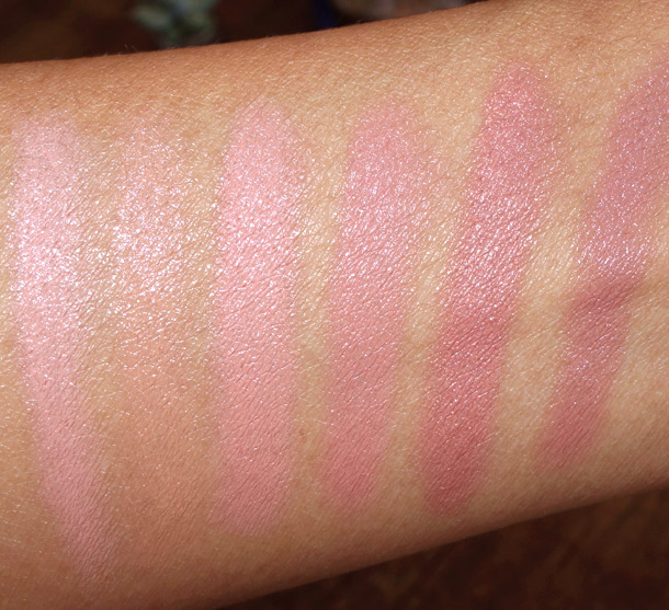 Hourglass Femme Nude Lip Stylo swatches from the left: Nude No. 1 Palest Pink, Nude No 2. Honey Beige, Nude No. 3 Nude Rose, Nude No. 4 Pink Beige, Nude No. 5 Shimmering Golden Peach and Nude No. 6 Mauve Beige