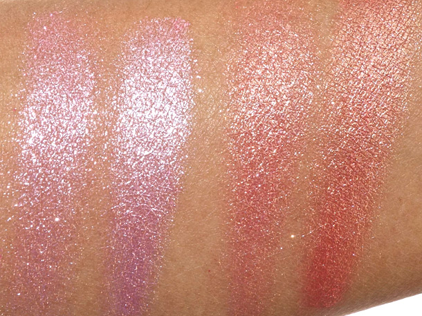 MAC Pressed Pigments Swatches: Rock Candy on the left (wet and dry) and Pink Pepper (wet and dry)