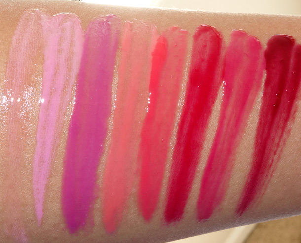 MAC Sheen Supreme Lipglass Swatches from the left: Bubble Gum, K-Wow, Simply Wow, Heart & Seoul, Kiss Kiss, Blushing Berry, Gwi-Yo-Mi and Glorious Intent
