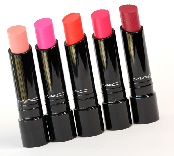 MAC Sheen Supreme Lipsticks from the left: Pret-A-Pretty, Playtime, Sweet Grenadine, Pleasurefruit and Candy Apple
