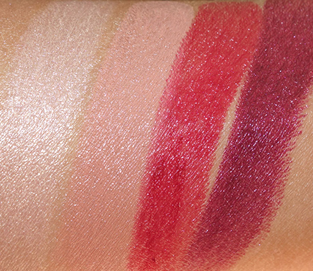Tom Ford Fall 2013 Lipstick swatches from the left: Vanilla Suede, Sable Smoke, Crimson Noir and Bruised Plum