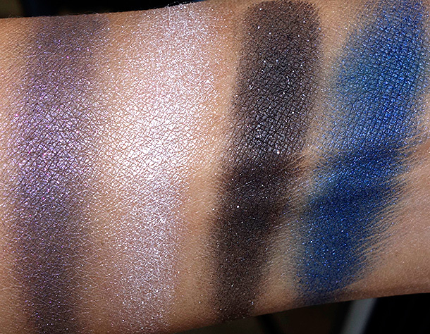 MAC Divine Night Swatches: Mineralize Eye Shadows in Past Midnight (two on the left) and Tonight's Temptation (two on the right)