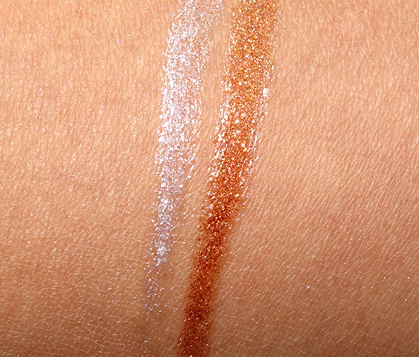 MAC RiRi Hearts MAC Holiday Superslick Eye Liner Swatches in Pisces Persuasion on the left and Cockiness on the right