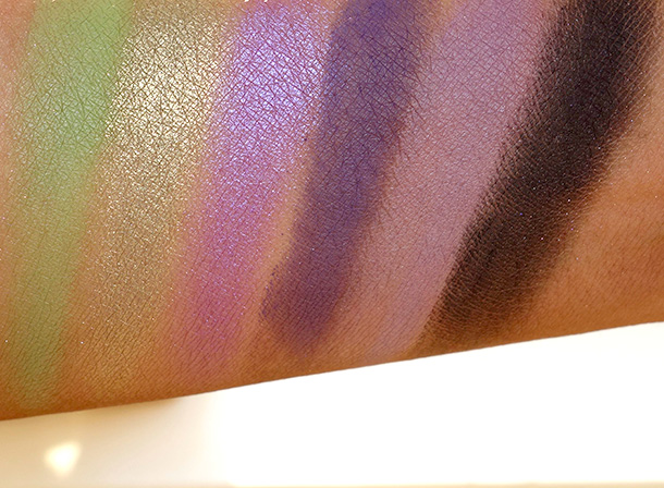 MAC Spider Queen Pro Palette X 6 Swatches from the left: Lime, Moss, Deep Purple, Indian Ink, Dusty Purple and Carbon