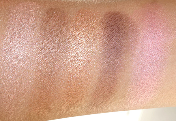 Tarte Gorgeous Getaways Swatches from the left: Eyeshadows in Santorini Bikini, Great Sphynx, Pacific Sunset and Belgian Chocolate; Blush in Spontaneous