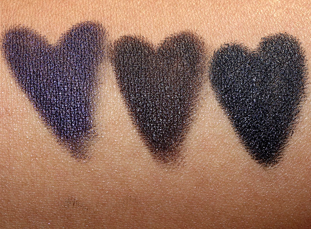 Bobbi Brown Crayon Kajal Swatches from the left: Black Amethyst, Black Coffee and Noir