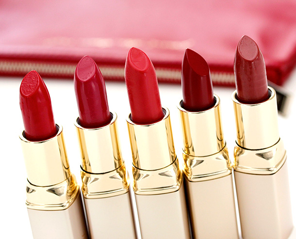 Jouer Perfect Red Collection lipsticks from the left: Ava, Grace, Lana, Simone and Sophia