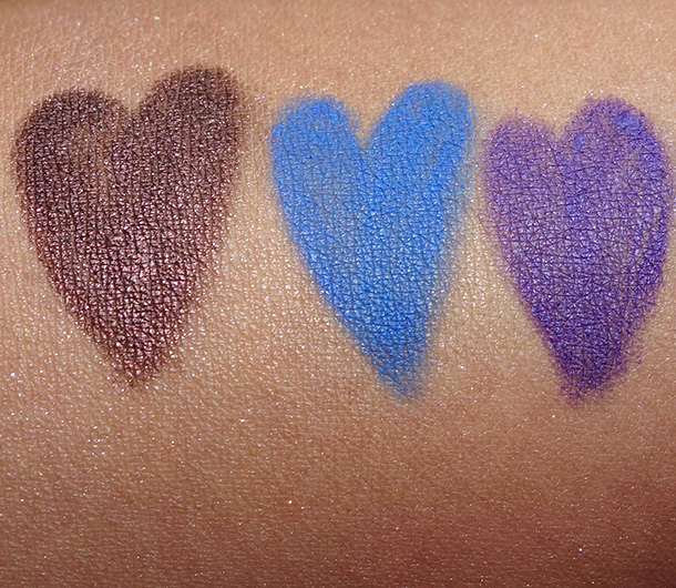 NARS Voyeur swatches from the left: Via Appia, Blue Dahlia and Most Wanted