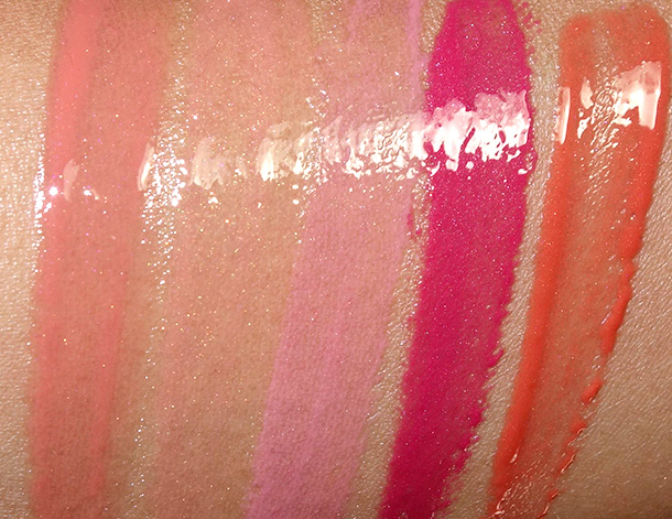 Napoleon Perdis Merci Lip Gloss Collection swatches from the left: Anna, Casey, Kate, Rebecca and Tannia