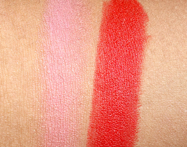 Topshop Lipstick and Blush Set swatches from the left: Blush in Morning Dew and Lipstick in Rio Rio