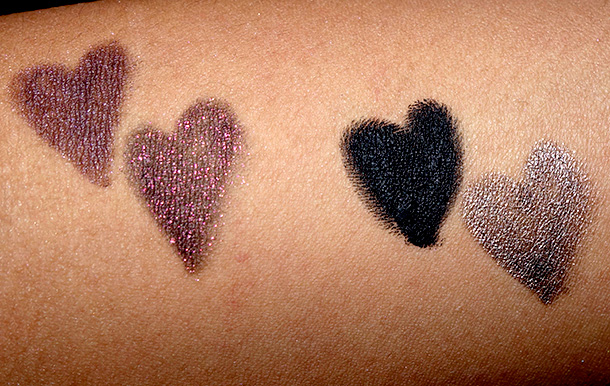 Urban Decay Naked-24/7 Glide-On Double Ended Eye Pencils Swatches from the left: Darkside, Blackheart, Perversion and Pistol