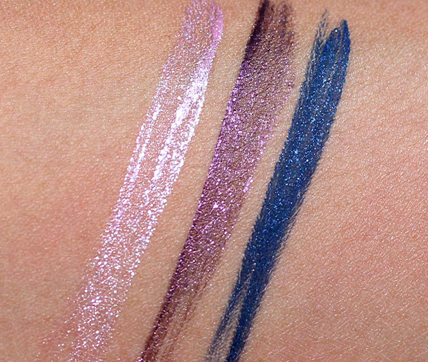 Jane Water Resistant Eye Liner swatches from the left: Metallic Pink, Metallic Lilac and Bleu Marine