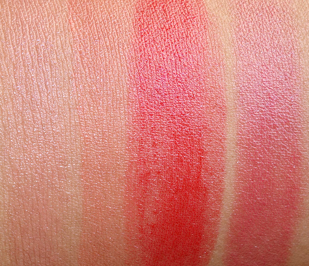 MAC Huggable Lipcolour Swatches from the left: Touche, Fresh & Frisky, Cherry Glaze and Out for Passion