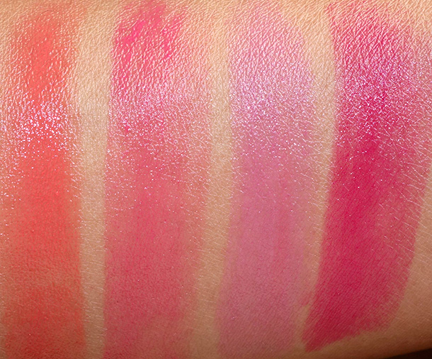 MAC Huggable Lipcolour Swatches from the left: Fashion Force, Love Beam, What a Feeling and Feeling Amorous